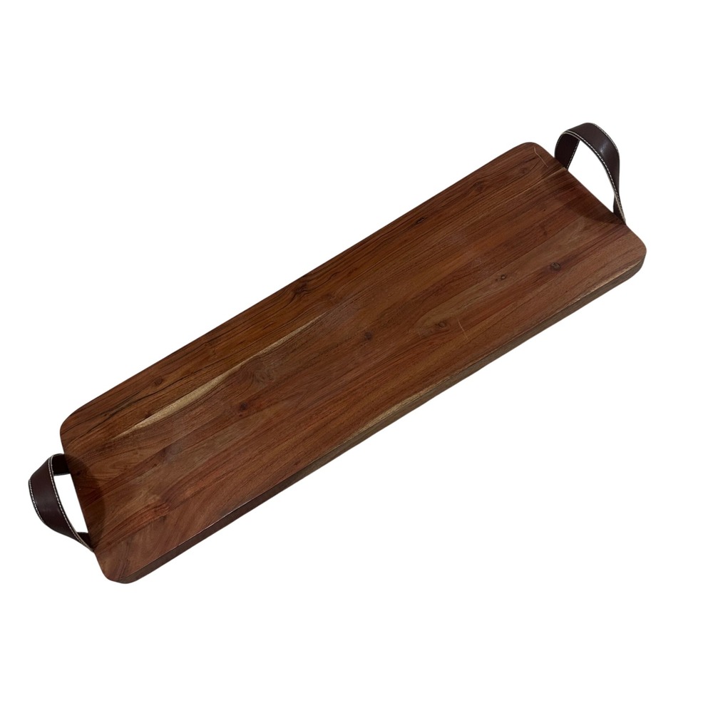 Tabletops Unlimited Mason Wood Serving Plank Brown Faux‎ Leather Handles 30 Inch